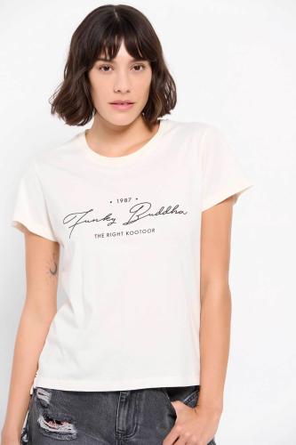 Funky Buddha γυναικείο βαμβακερό T-shirt μονόχρωμο με contrast logo print μπροστά - FBL007-114-04 Κρέμ